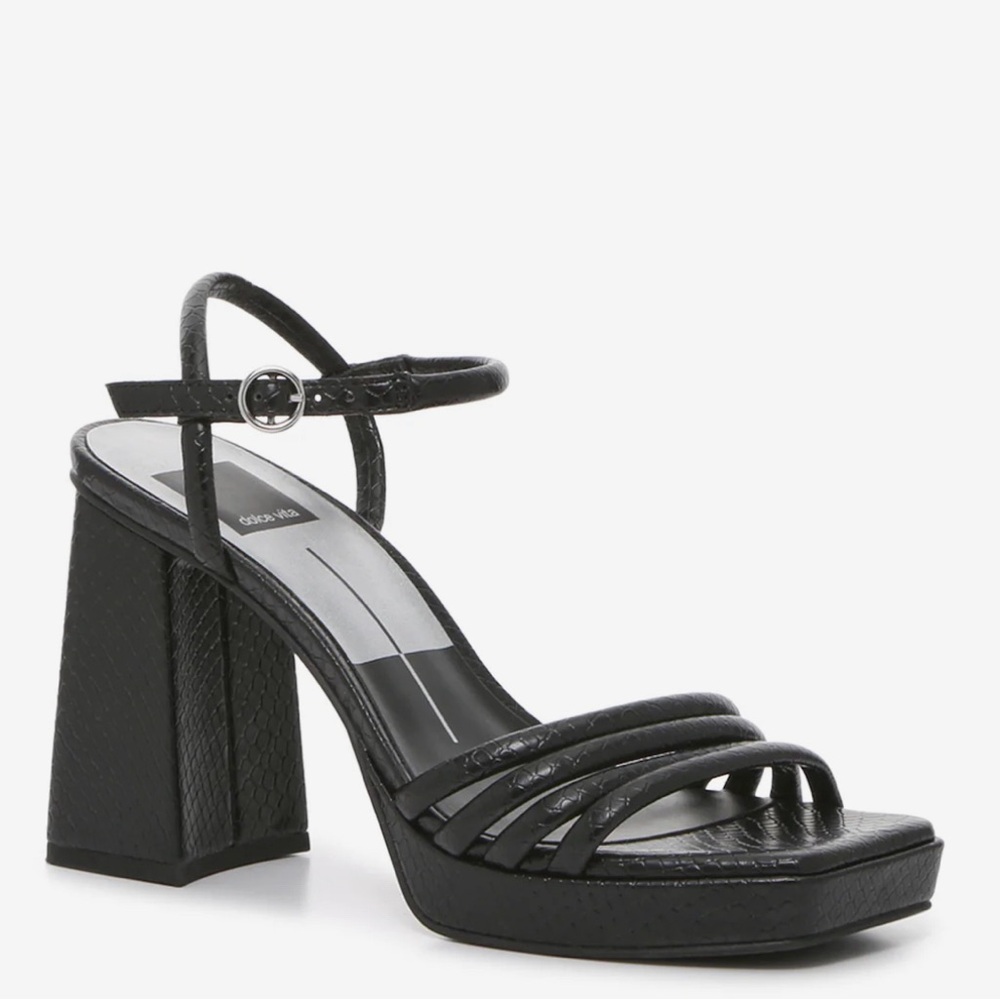 Dolce Vita Avery Platform Black Leather Strapy Sandal with Block Heel